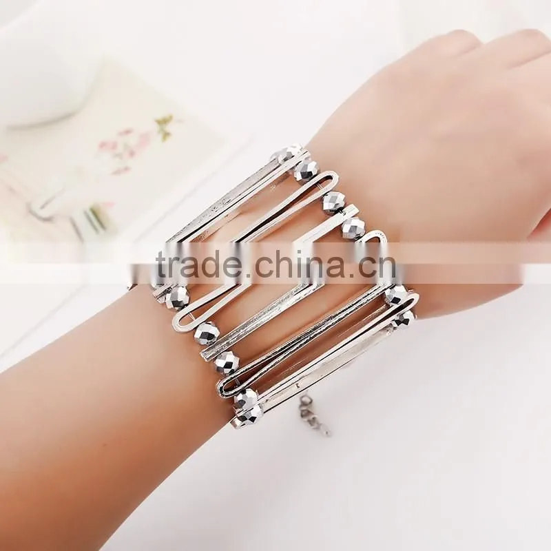 2016 unique double layer beades metal cuff bangle elastic stone beaded cuff bangle diy beaded bangle