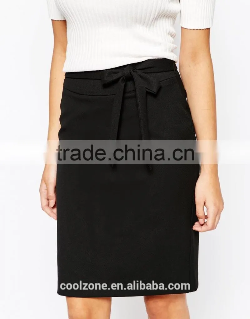 Fashion ladies office uniform design tie waist pencil skirt
