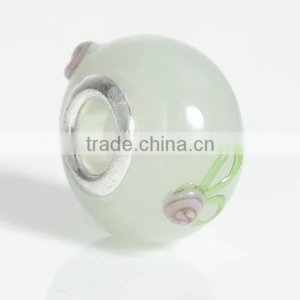Round Silver Plated Core Light Green Flower Pattern Enamel European Style Large Hole 10mm Lampwork Glass Beads