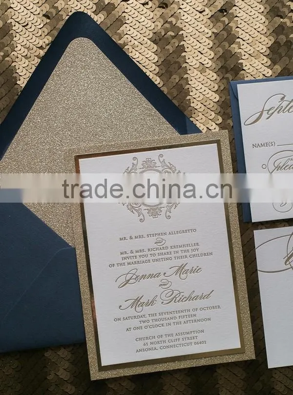 2016 Fancy Ornate Package die cut blush and gold glitter letterpress wedding invitation