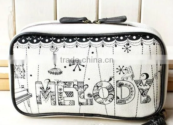 Practical colorful flower printing canvas cosmetic bag with pu zipper head