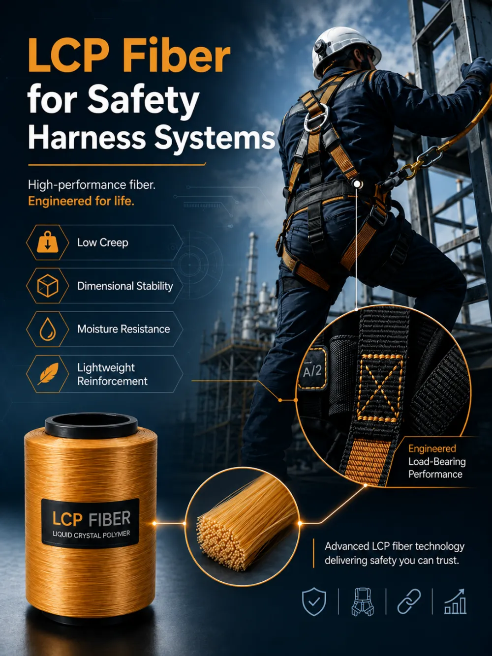 LCP fiber yarn for low-creep safety harness webbing and fall protection systems.png