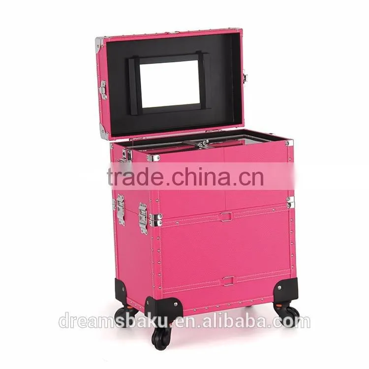 2016 Hot selling Pink color Functional professional Trolley case Makeup box cosmetic display Case