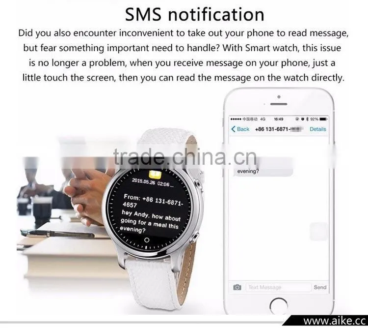 2016 Newest Bluetooth 4.0 IOS&Android Round Smart Watch with SOS call/G-sensor for apple iphone 6plus/6 samsung S6 edge/S5