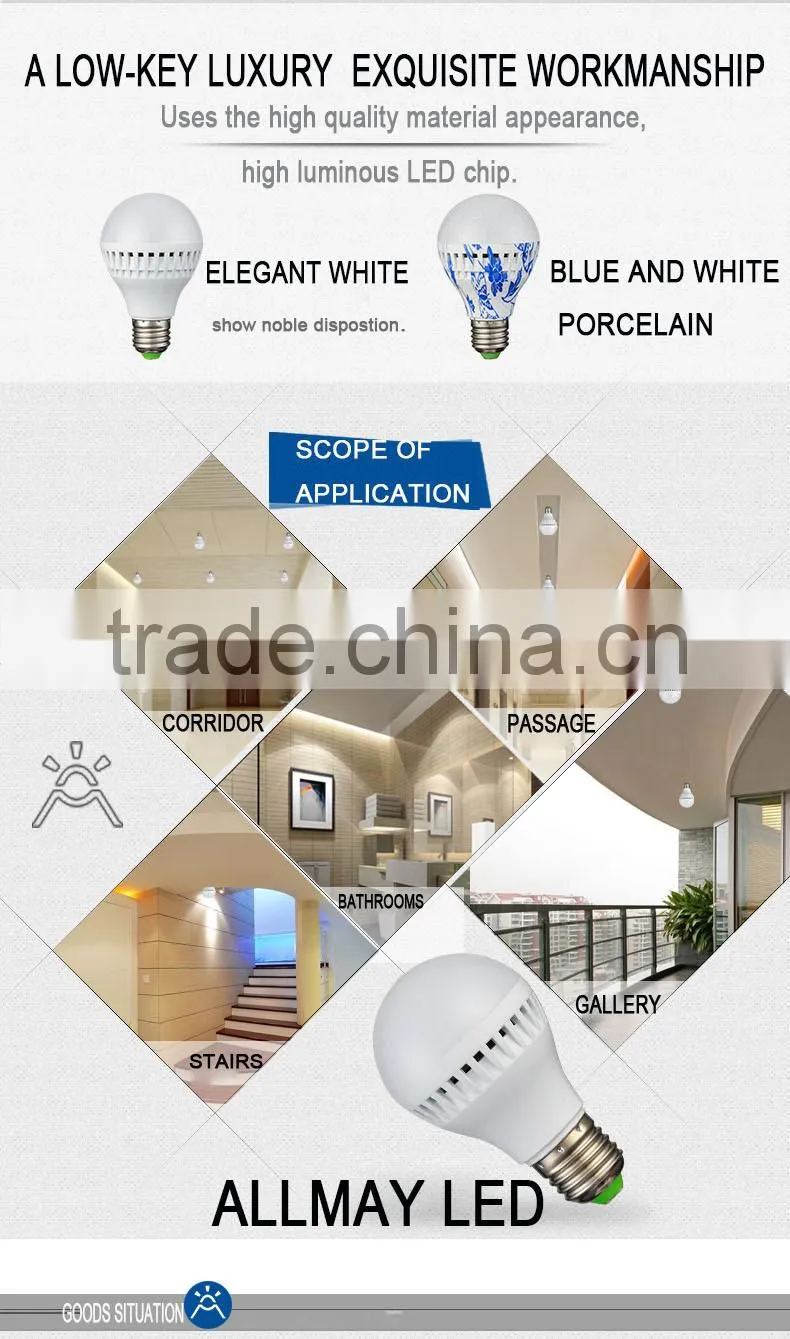 Microwave motion sensor led bulb light 7w led e27 base 2016 long life eco-friendly