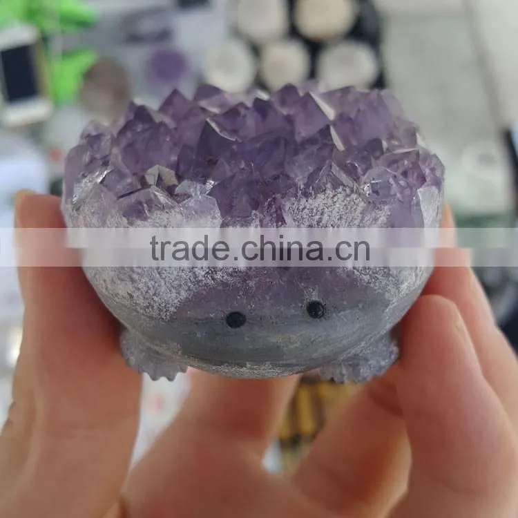 Lovely Hedgehog Amethyst Quartz Geodes Carving Animals