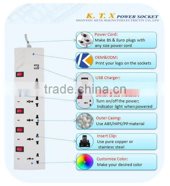 6 Way Individual Switch Electrical Extension Socket With 2 USB Ports