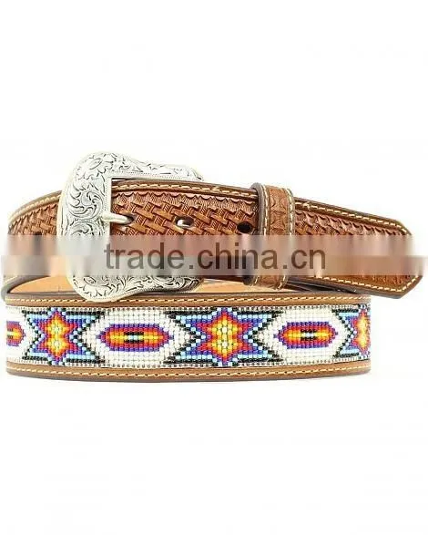 BASKETWEAVE EMBOSS WESTERN MEN BEADED INLAY LEATHER BELT
