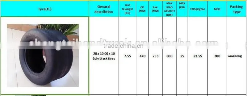 Slick smooth trailer tire 20x10.00-10