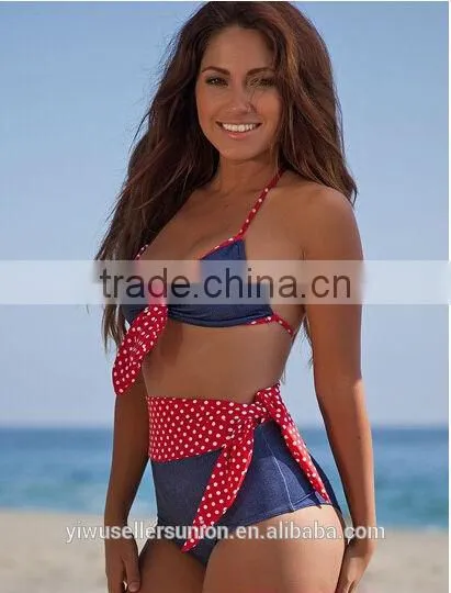 Red White Blue Polka Dot Denim Side Tie Bow Top High Waisted Bikini