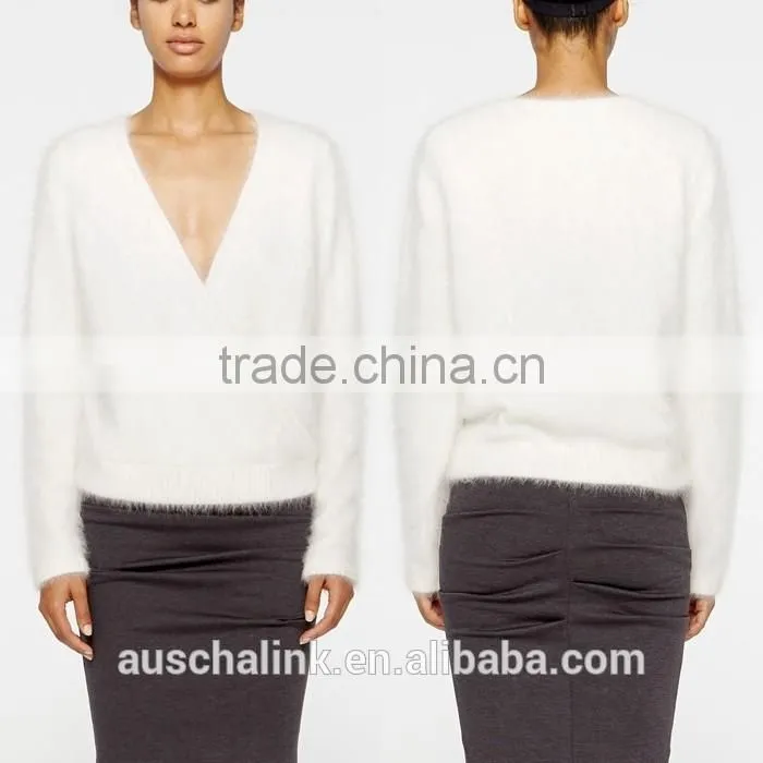 personalized lady ivory V neck ribbed hem100% angora sweater