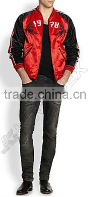 Embroidered Satin Bomber Jacket,sporty cool jacket,rib collar and sleeve cuff jacket