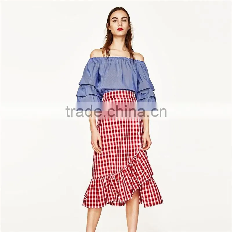 2017 OEM Spring Cute Pleated Vertical Stripes Off Shoulder Blouse