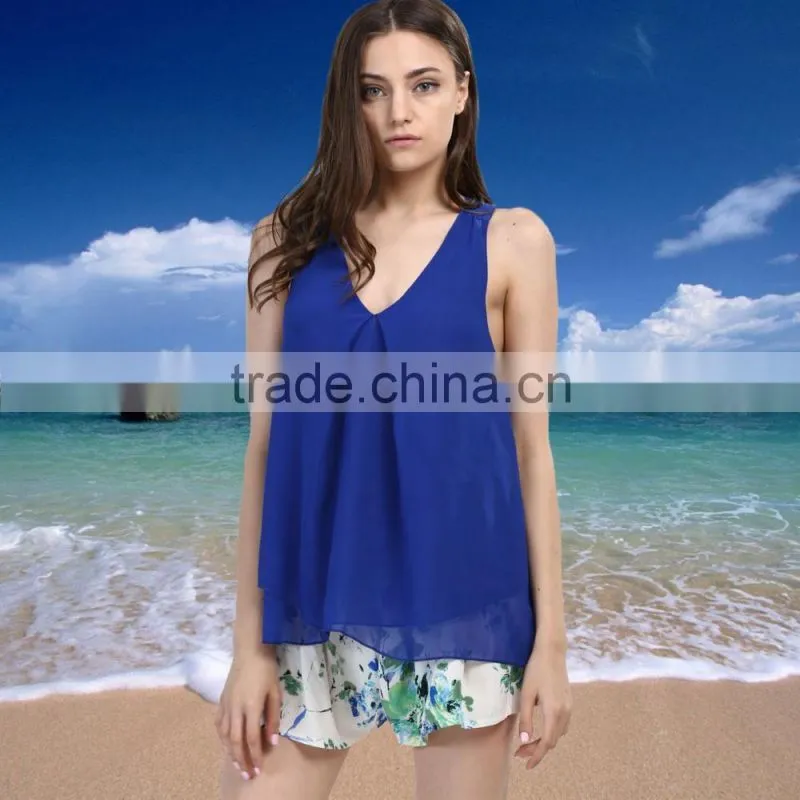 Fashion Summer Deep V Neck Chiffon Sleeveless Woman Blouse For Sale