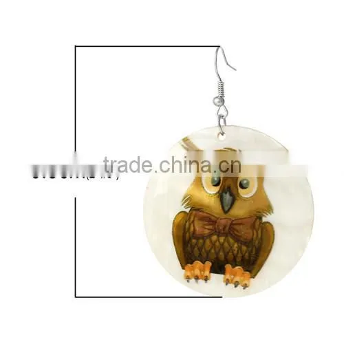 Silver Tone Hook Round Yellow Halloween Owl Fashion Shell Dangle Earrings 6.5cmx4.5cm