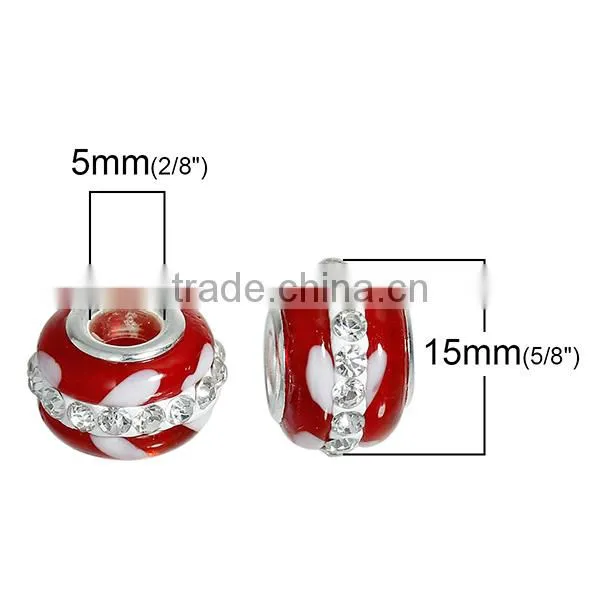 Lampwork Glass European Style Large Hole Charm Beads Round Silver Plated Core Red Clear Rhinestone