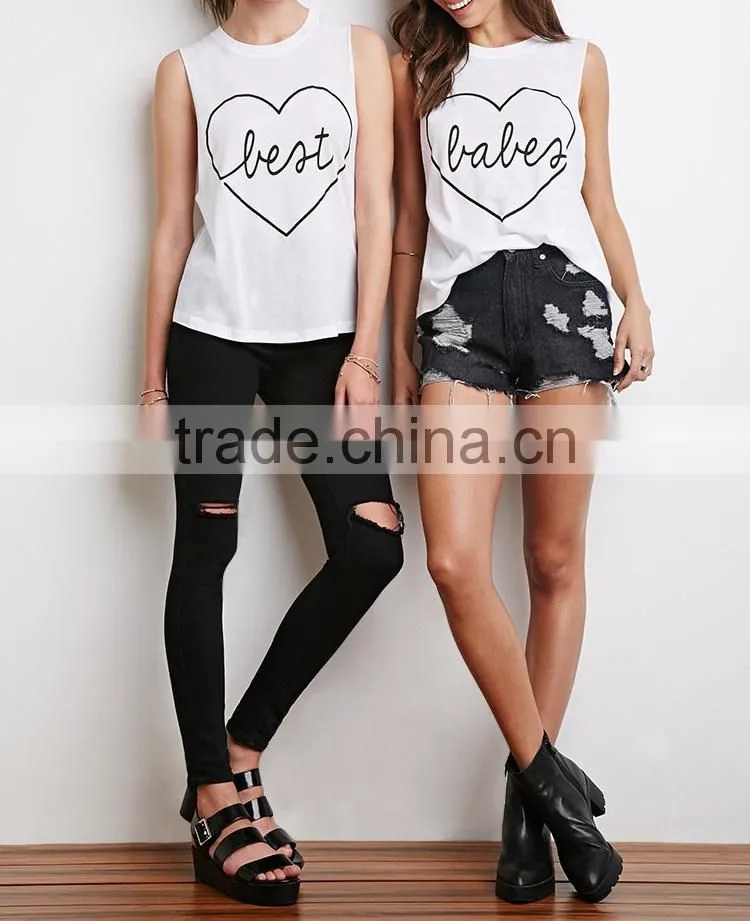 Unfinished Aarm Hole Cut Solid Color Cotton Best Babes Muscle Tee Set with Lovely Printing