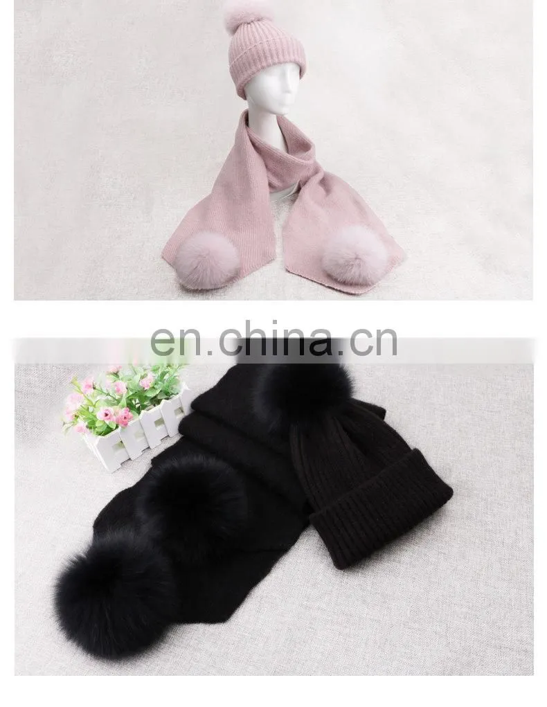 Winter Wool Knitted Beanies Scarf Fox Fur Pompom Knitted Hat Wool