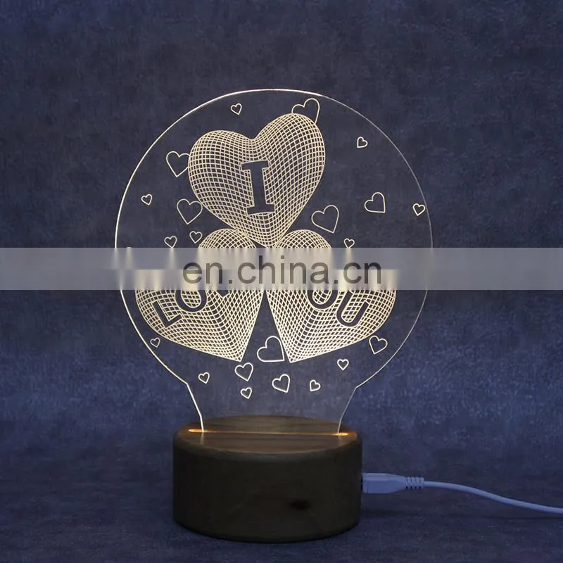 Wholesale wooden base customized acrylic pattern 3D night light led lamp for home