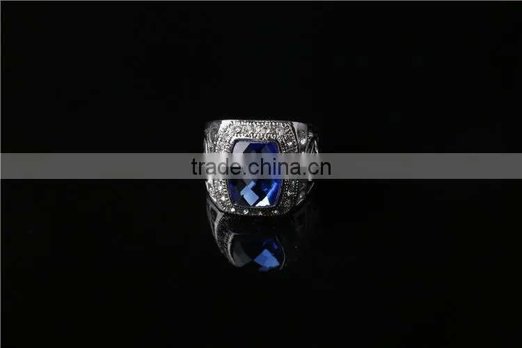 Trendy silver plated blue sapphire mens ring