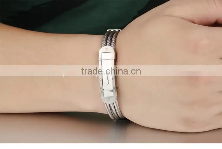 Wholesale Titanium steel man Bangles Three rows between steel wire armoured gold bracelet with cross