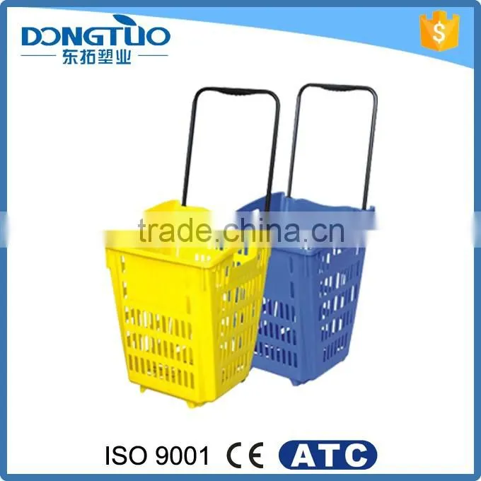 Plastic shopping basket with wheels wholesale, supermarket basket with wheels