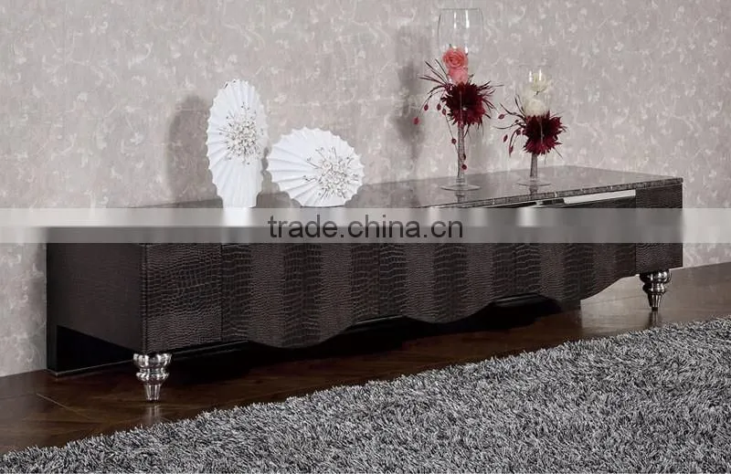 E123 luxury crocodile pu cabinets stainless steel tv stand/wall unit with marble top for hotel/living room furniture