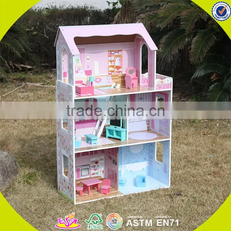 Wholesale kids beautiful wooden dollhouse miniatures fashion baby wooden dollhouse toy W06A030