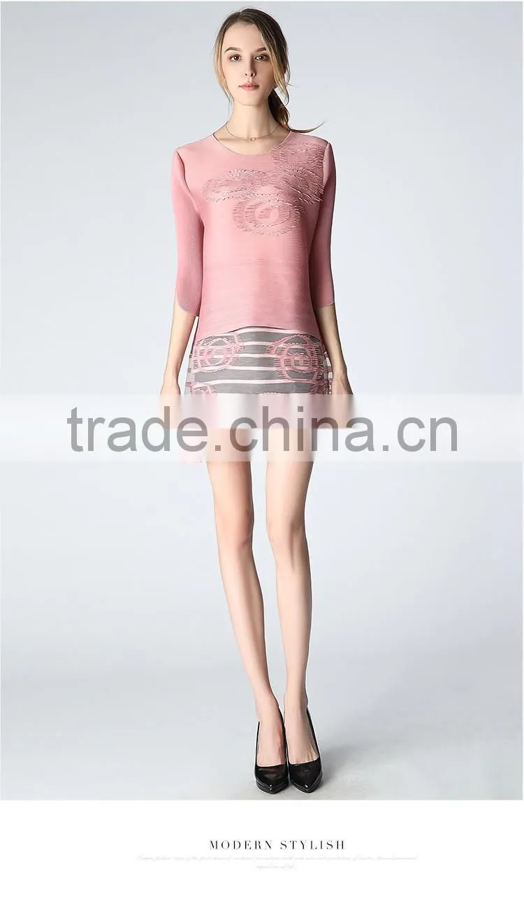 Woman pleat round neck flower splicing loose dresses wholesale
