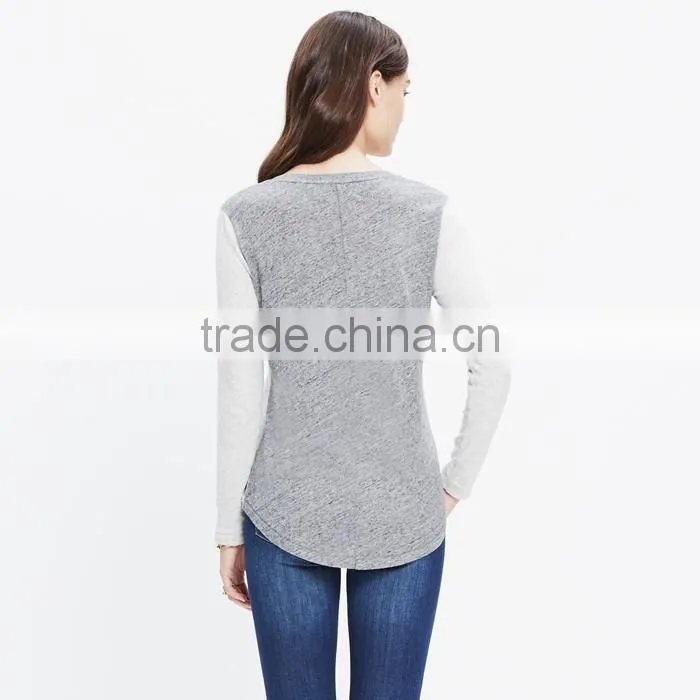 Women slub long-sleeve crewneck custom t shirt in colorblock