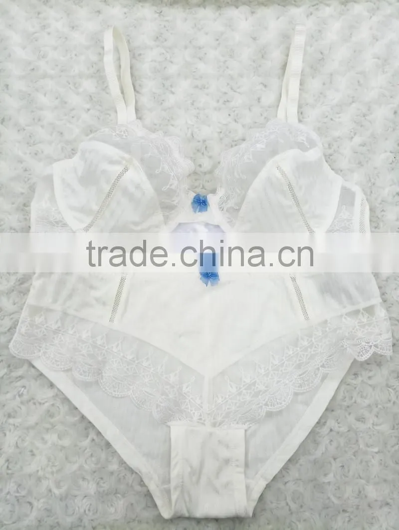 New design young ladies white embroidered blue bow bra and panty set
