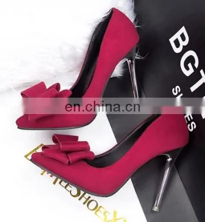 2015 New Office Ladies Red/Green/Black Color Shallow Mouth Bow Pointed Plus Size High Heel Shoes Fashion Suede Heels