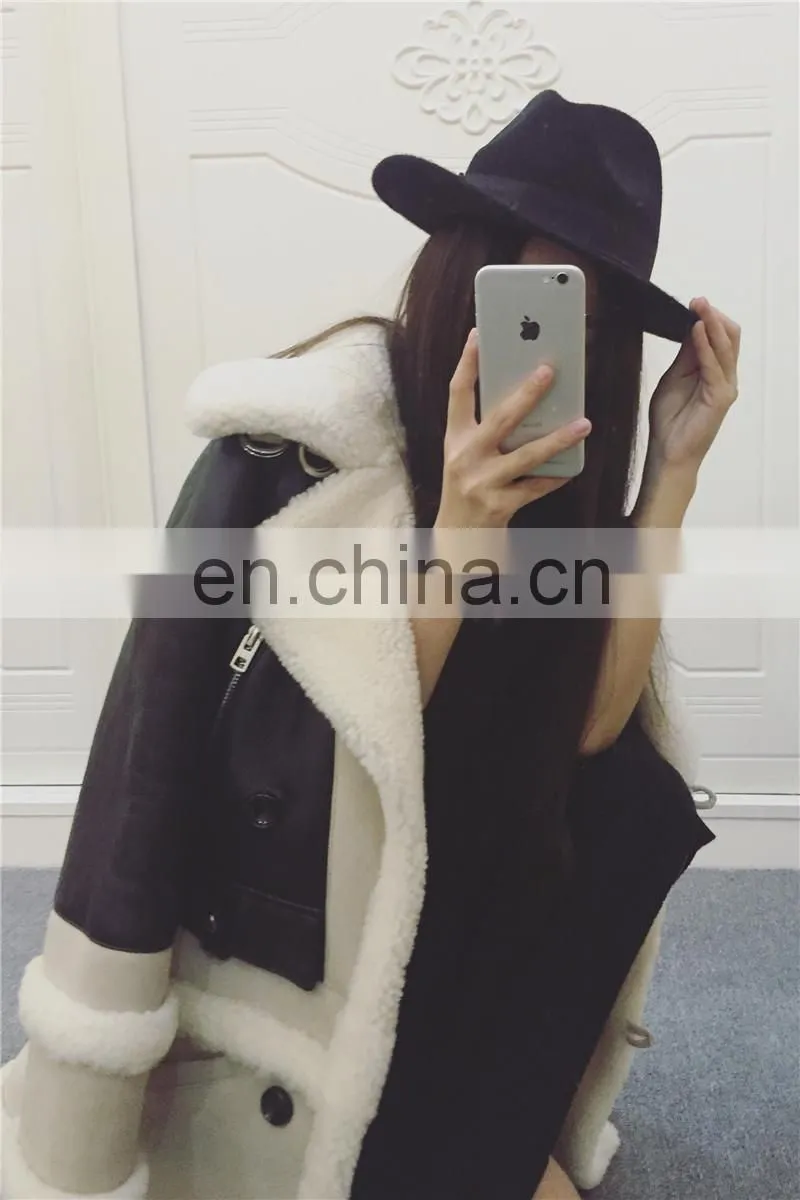 2016 Latest Design Girls Winter Genuine Sheep Skin Fleece Lined Leather Jacket