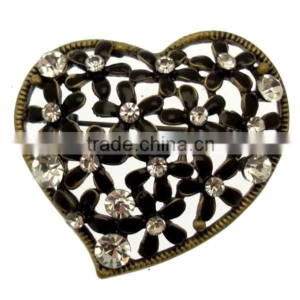 Custom-made Vintage Style Black Enamel & Crystal Floral Heart Brooch