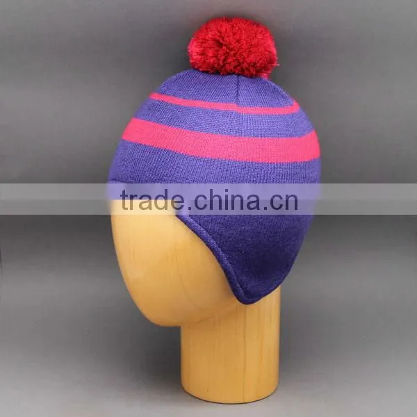 NEWEST HOT SALE WINTER KNIT HAT WITH INSIDE POLAR FLEECE AND EARFLAP WITH STRIPS CHEAP PRICE