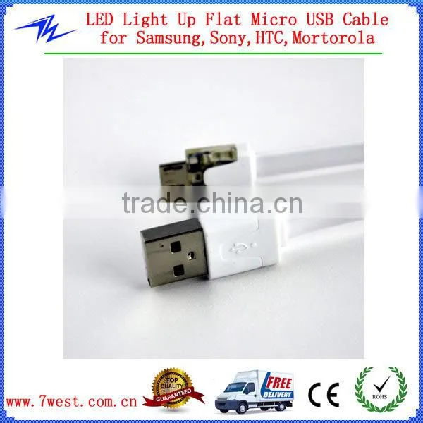 3M LED Light Up Flat Micro USB Data Cable Cord for Smartphone and Tablets
