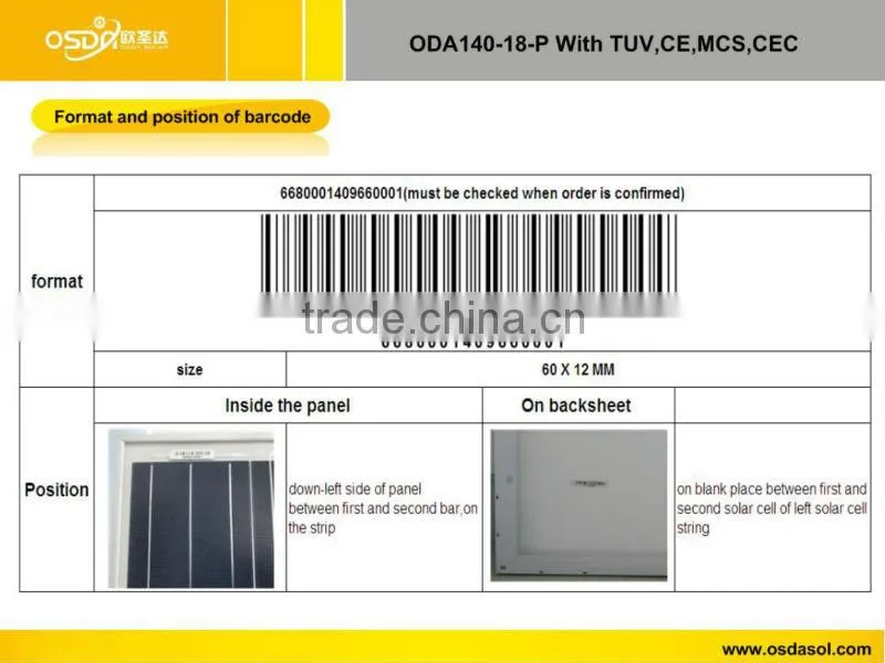 TUV MCS CEC certificated polycrystalline 140W solar panel