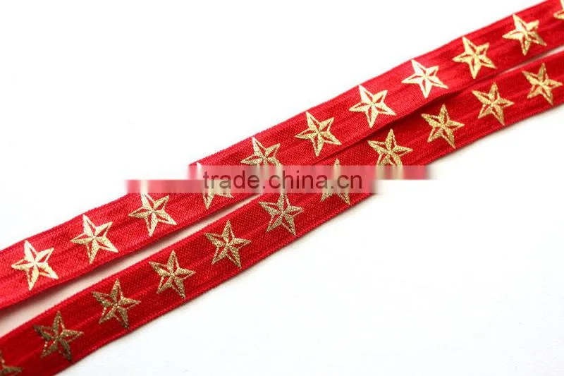 5/8" Fold Over Elastic Red with Gold Stars - Pattern, Metallic, Printed Elastic Band