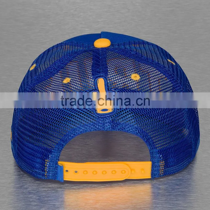 Blue embroidery logo custom flat brim 5 panel mesh trucker cap