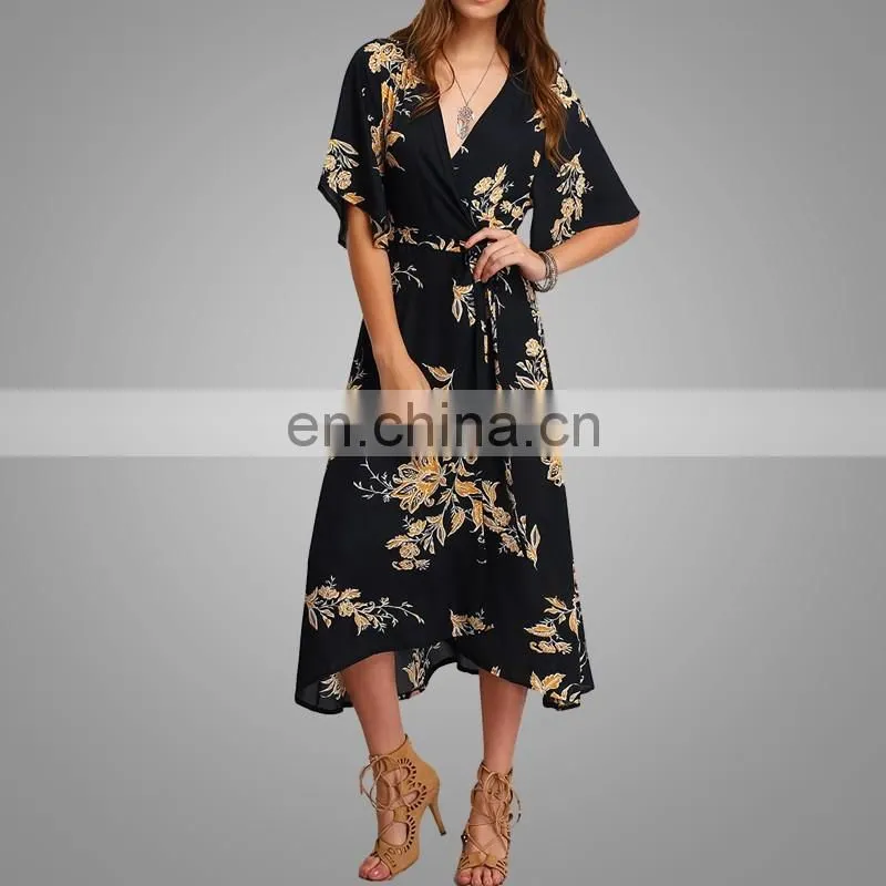 High quality chiffon printing dress half sleeves ladies dress