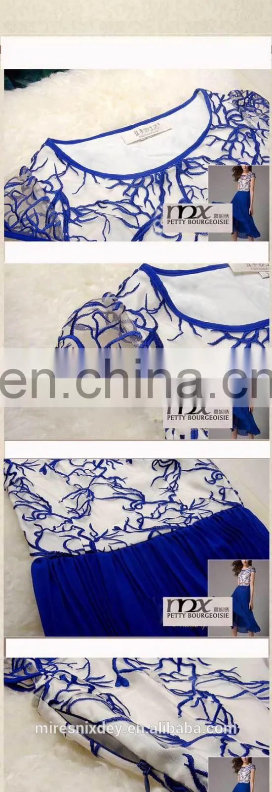 Women Emboridery Chiffon Dress with Short Sleeve