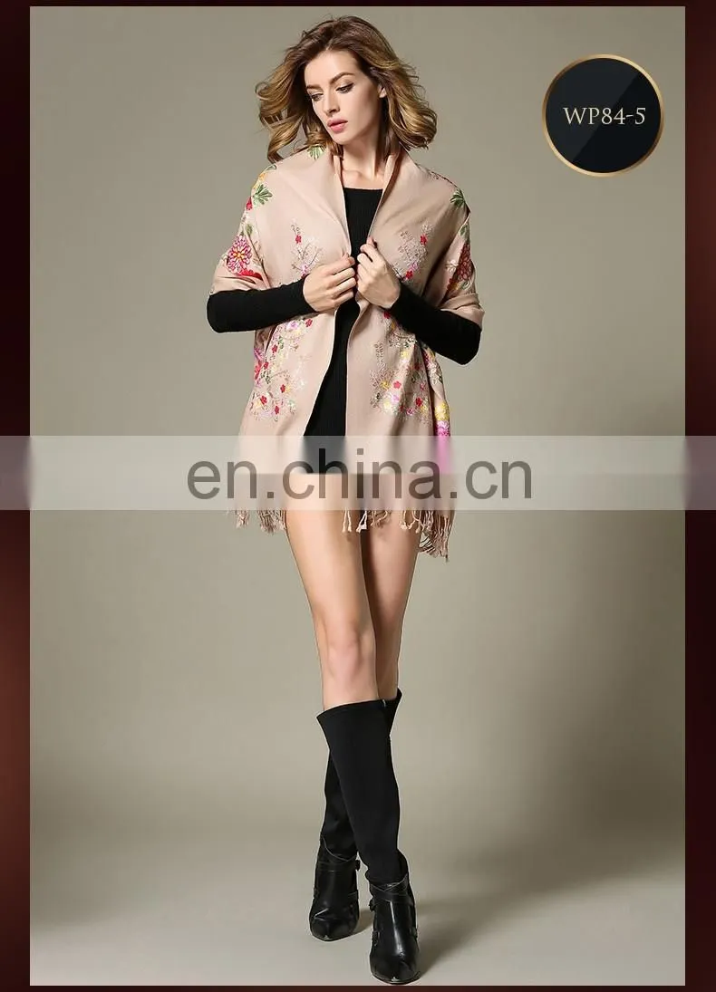 Black Embroidered Wool Scarf for Women black