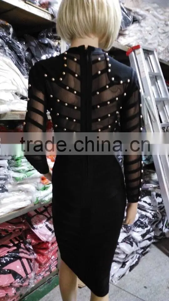 Summer dress army green black long sleeve mesh sey party women beading bandage Dress Bandage Bodycon Women Wearing
