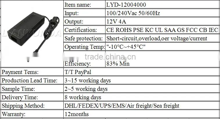 Good quality 12v 4a class2 power supply ac dc adapter with UL/CUL GS CE SAA FCC approved (2 years warranty)