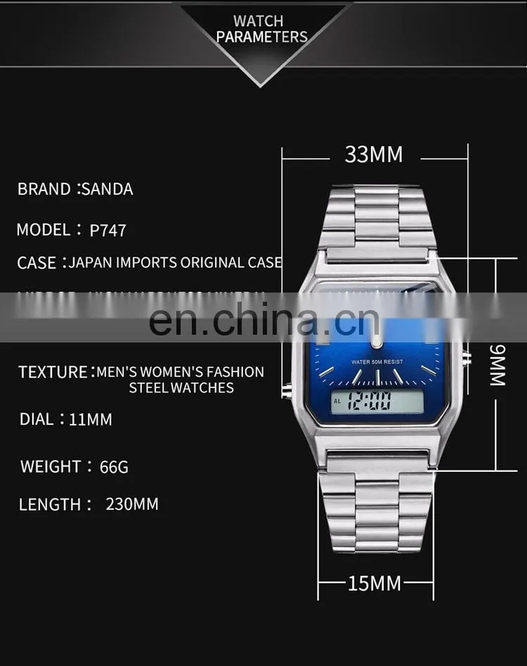SANDA 747 Simple High Quality Digital Quartz Watch For Man Stainless Steel Time To Showed Luminous Fashion Watches Men