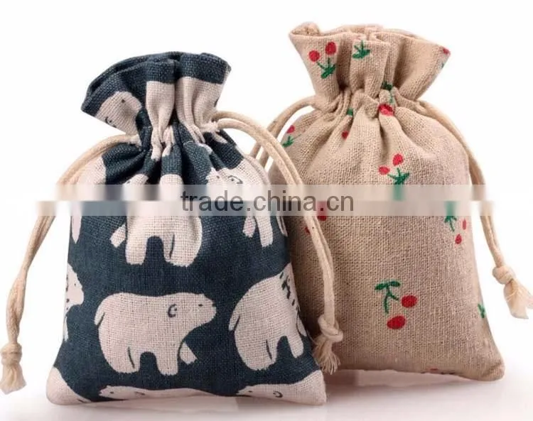 Welcome customized print logo linen fibric gift jewelry bag,small giveaway drawstring bear linen present bag