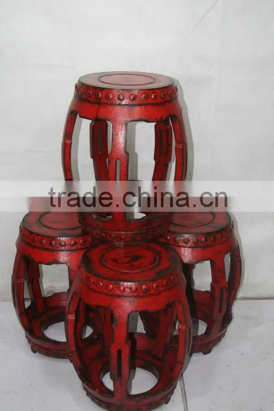 Chinese antique red wooden drum stool
