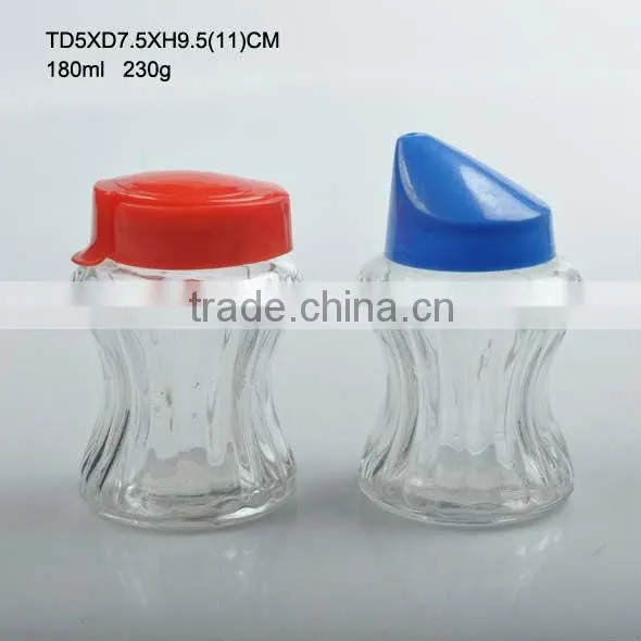 glass spice shaker jar with colored metal or plastic lid for spice
