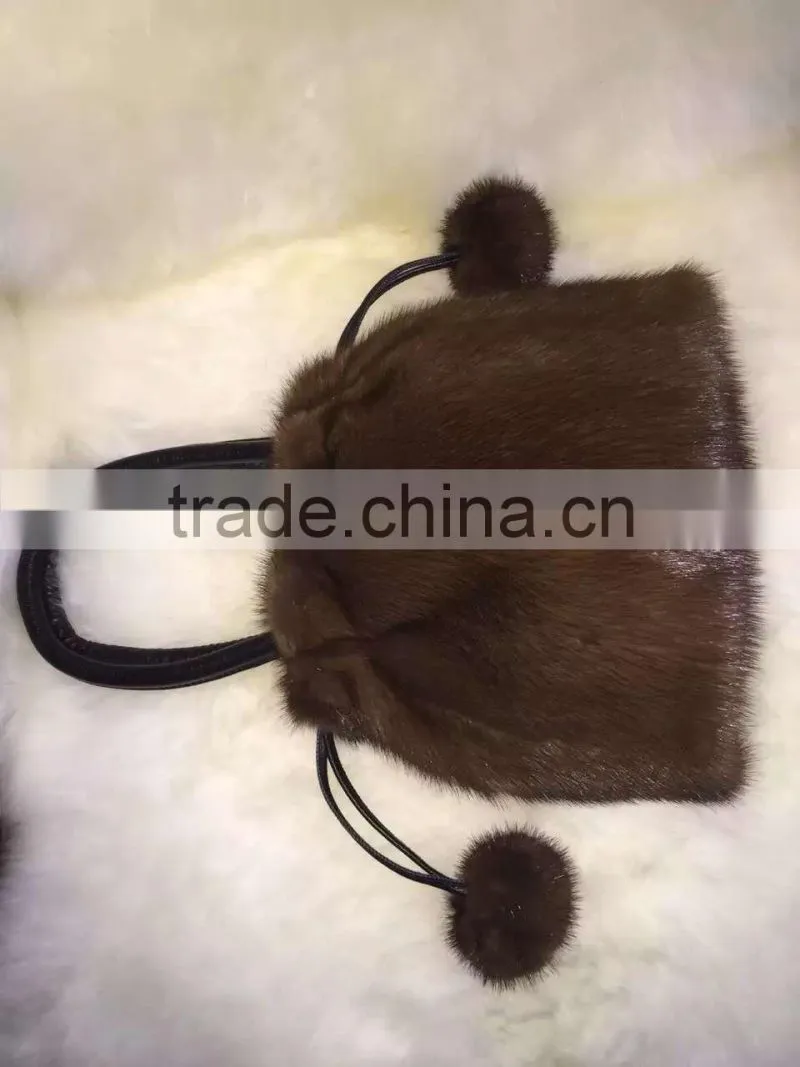 Korea style mink fur handbag with mink fur pompoms for ladies