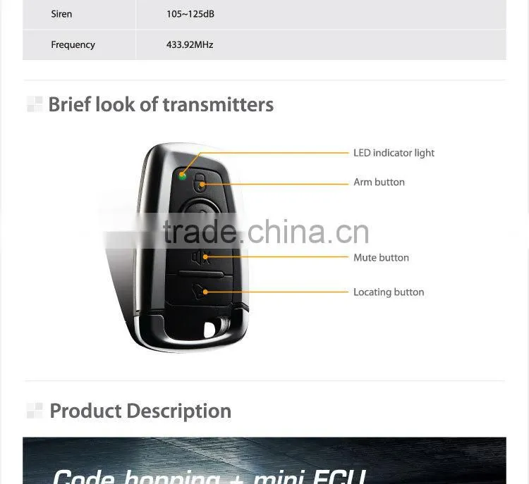 Steelmate E series 1 way car alarm, code hopping, fashionable transmitter